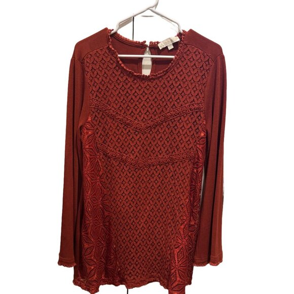 Women's Suzanne Betro Rust Pom Pom Trim Eyelet Lace Tunic Top Sz Large - Picture 4 of 7